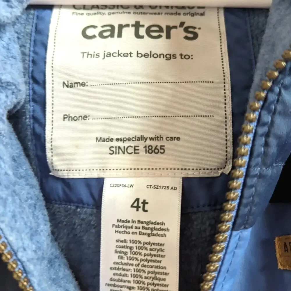 Carter's Coat Boys Sz 4T Blue Medium Warmth